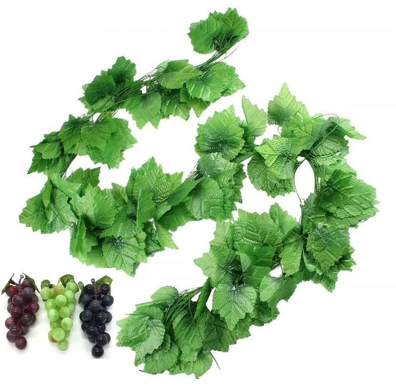 Artificial green grapevine garland with hanging grape clusters and leafy vines