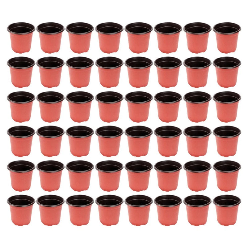 Set of 120 plastic flower pots, red with black rims and drainage holes.