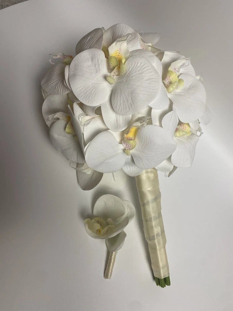 White Orchid Silk Flower Bouquet Ivory Ribbon Wrapped 13Ó & Boutonniere wedding Bouquet