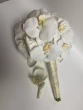 White Orchid Silk Flower Bouquet Ivory Ribbon Wrapped 13Ó & Boutonniere wedding Bouquet