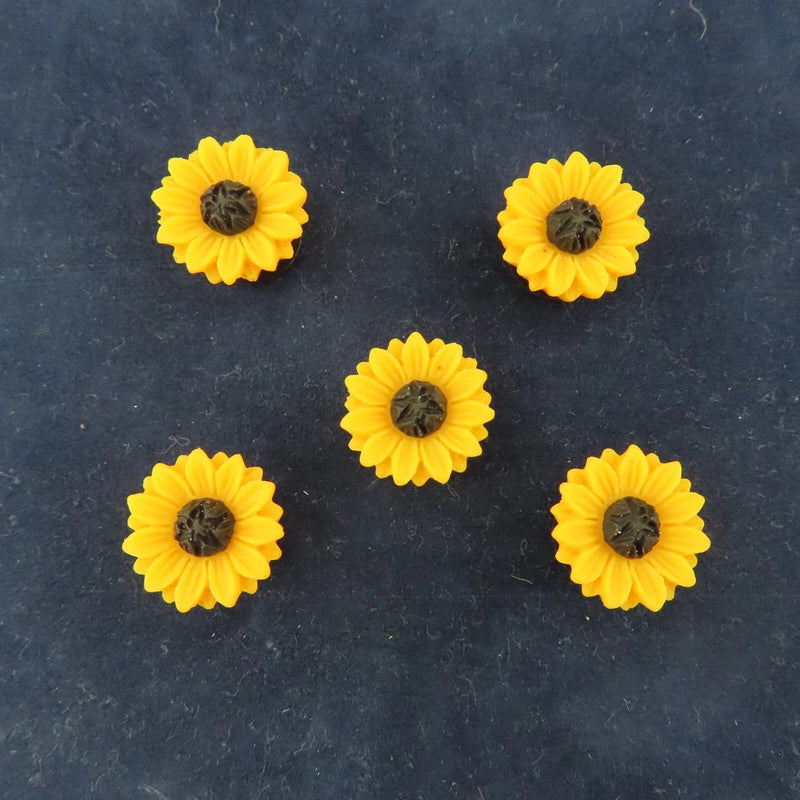 Set of 5 sunflower shoe charms with bright yellow flowers and dark centers