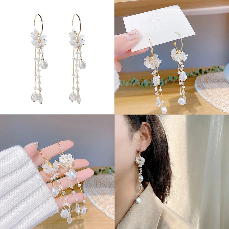 US 1 Pairs Floral Pearl Crystal Tassel Lily of the Valley Dangle Drop Earring Lily