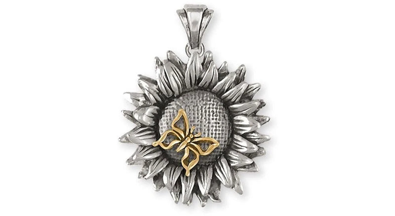 Sunflower pendant necklace charm in silver with 14k gold center detail