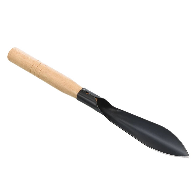 Planting trowel with pointed black metal blade and light wood handle