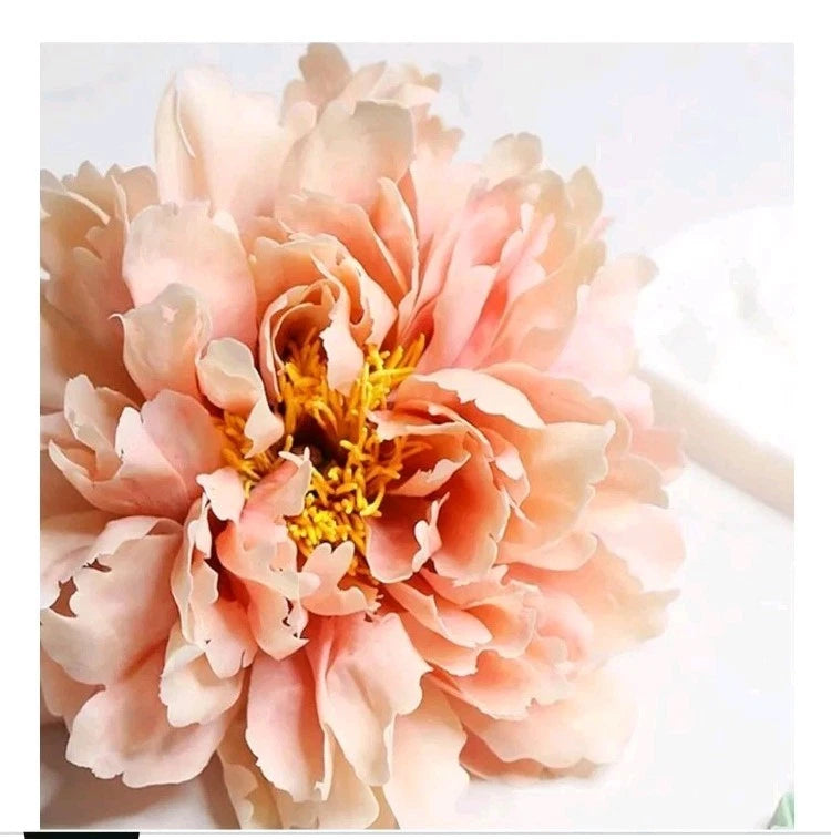 Pink peony artificial flower head with layered petals and yellow center, clip-style faux bloom