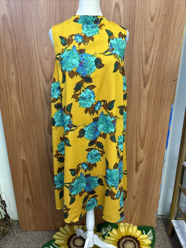 The Limited Yellow Blue Hydrangea Sleeveless Dress L Large Zip Back Mock Neck Hydrangea