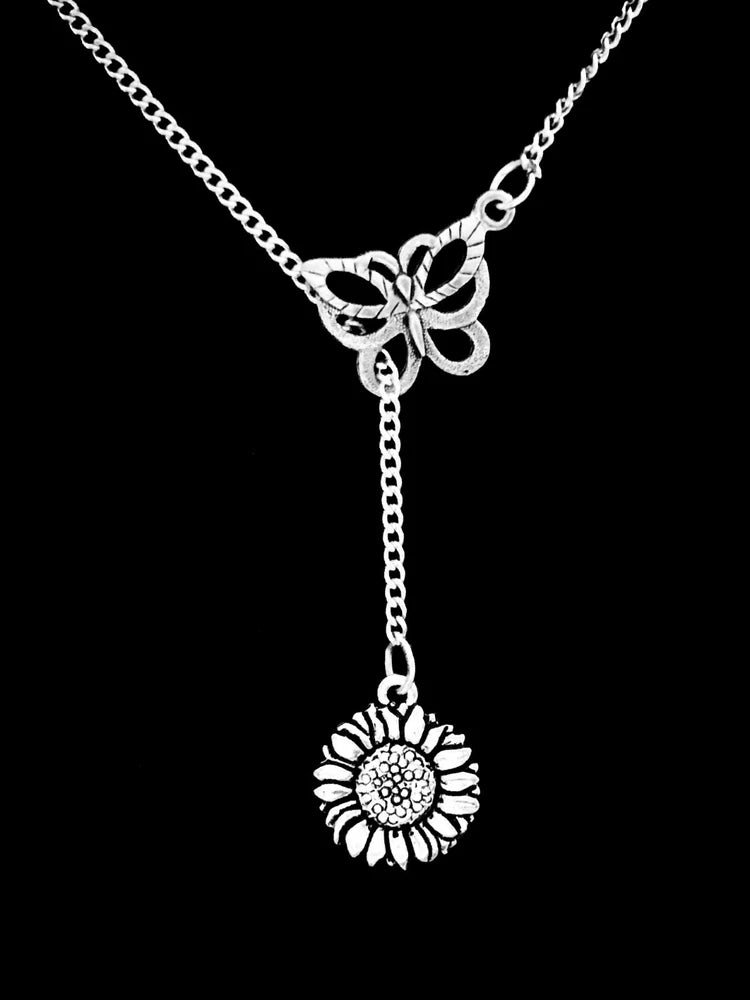 Silver-tone lariat necklace with butterfly and sunflower flower charms