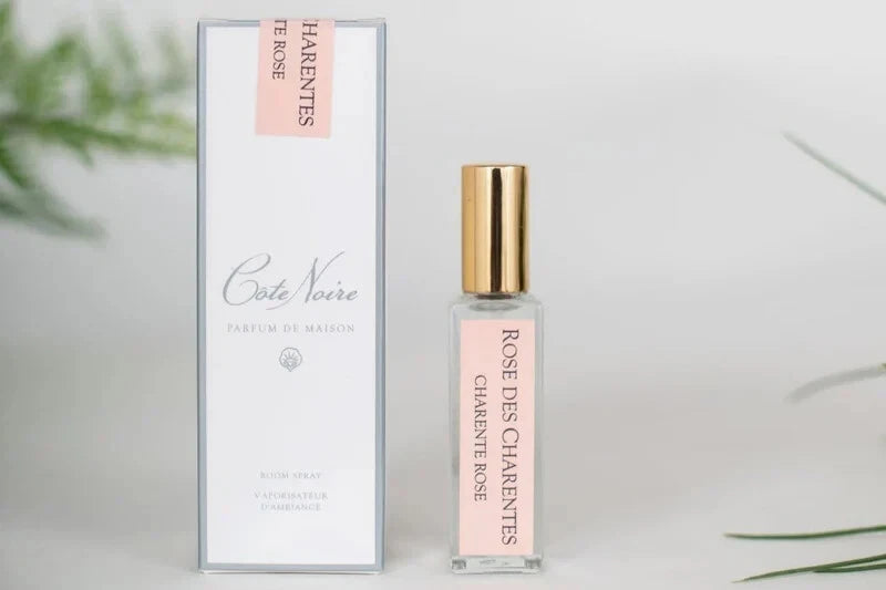 Rose petal room spray with gold cap, clear bottle, in branded rectangular box