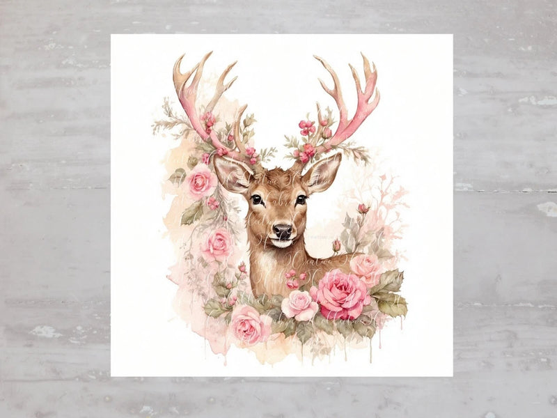 Christmas deer fabric panel with pink roses floral wreath for quilt block sewing craft