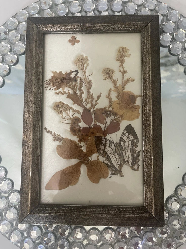 Framed pressed dried flowers and butterfly wall decor, brown botanicals in dark wood frame