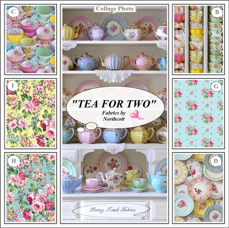 NORTHCOTT, "TEA FOR TWO", TEAPOTS, CUPS, SAUCERS, PLATES, PATTERN, FABRICS Roses