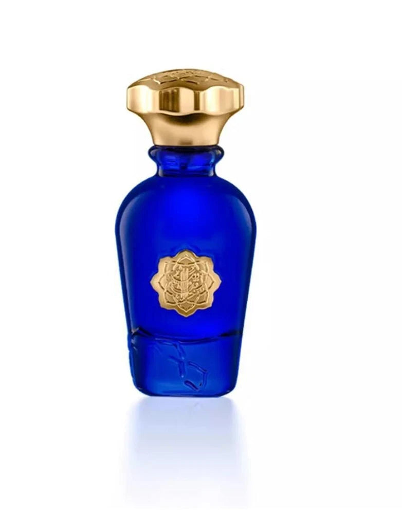 Men's eau de parfum bottle, cobalt blue glass with gold cap