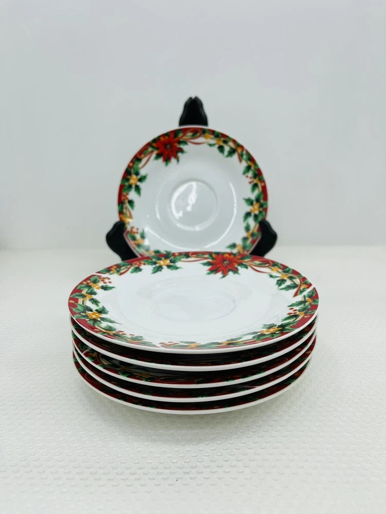 Set of 6 Christmas dessert saucers with poinsettia and holly floral border, dark red rims