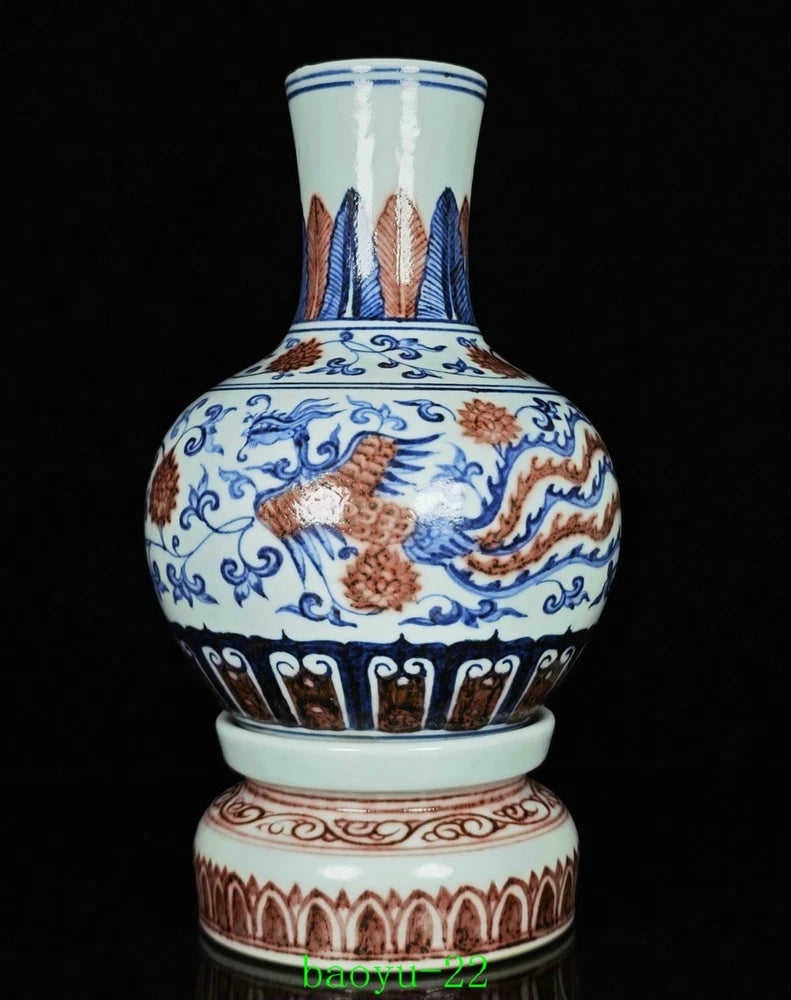 9.6'' Xuande Blue White Red Porcelain Phoenix Peony Flower Revolving Bottle Vase Peony