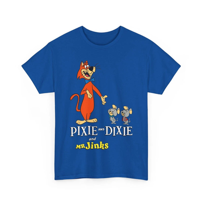 Blue graphic T-shirt with cartoon cat characters and bold text design