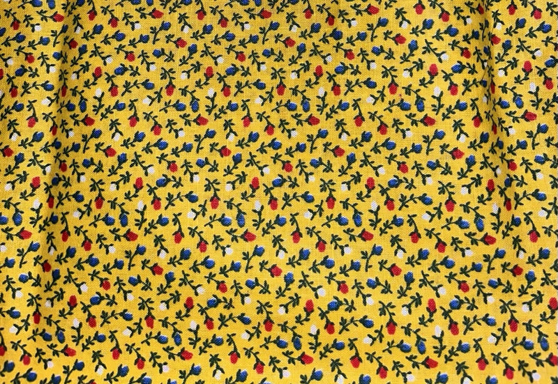 VTG Ditsy Red White & Blue Rosebuds  on Yellow Cottagecore BTFQ © # 1308 Flowering Plants