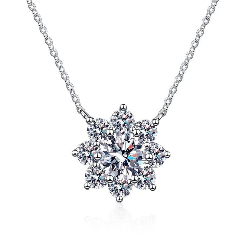 Silver sunflower pendant necklace with sparkling round clear stones on a chain