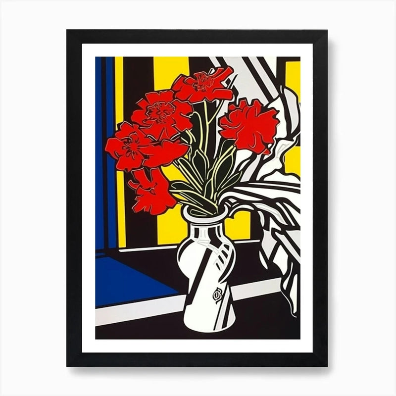 Framed wall art with red carnations in a white vase on a bold graphic background