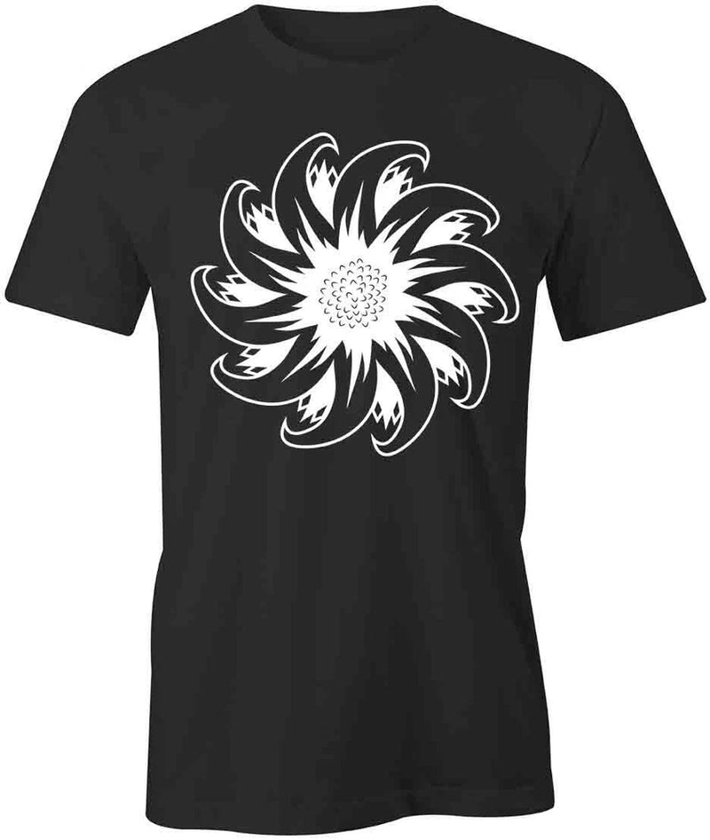 Cotton T-shirt in black with white sunflower daisy-style graphic, short sleeves