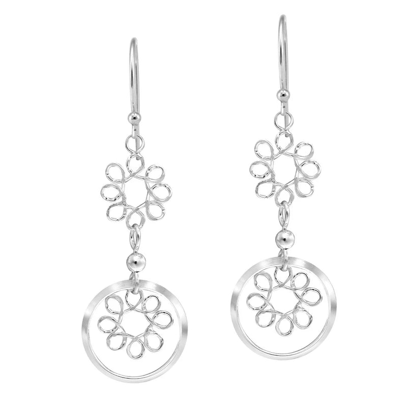 Swinging Double Linked Coiled Sunflower Sterling Silver Dangle Earrings Sunflower