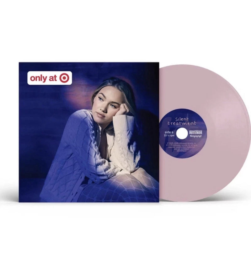 4-inch pink vinyl record with blue cover sleeve