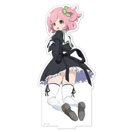 Acrylic character ornament of a girl in black dress with pink hair, standing pose