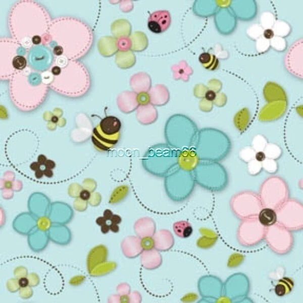 BTHY Stitched Garden Flower Bee Turquoise Cotton Fabric By The Half Yard 6140104 Flowering Plants
