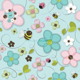 BTHY Stitched Garden Flower Bee Turquoise Cotton Fabric By The Half Yard 6140104 Flowering Plants