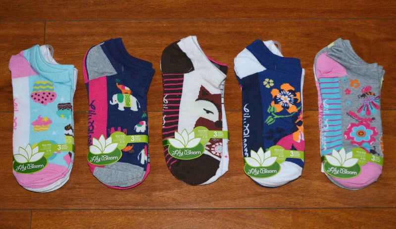 Lily Bloom ankle socks with colorful floral and character prints in blue, purple, gray.