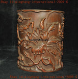 collect old China bamboo Wood carved peony flower brush pot pencil vase statue Peony