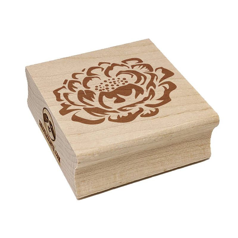 Peony flower rubber stamp with square wooden block and carved brown flower design