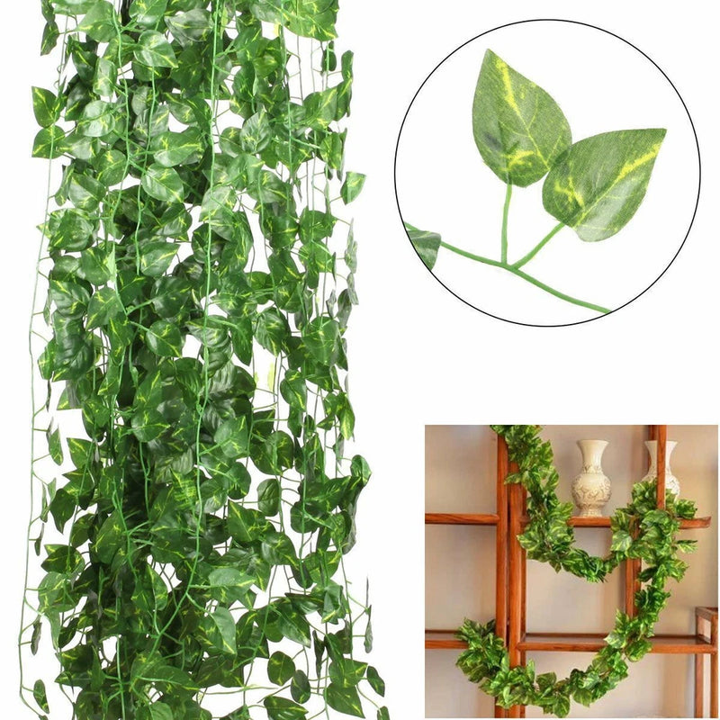 Artificial hanging ivy vine garland with long trailing green leaf clusters, silklike