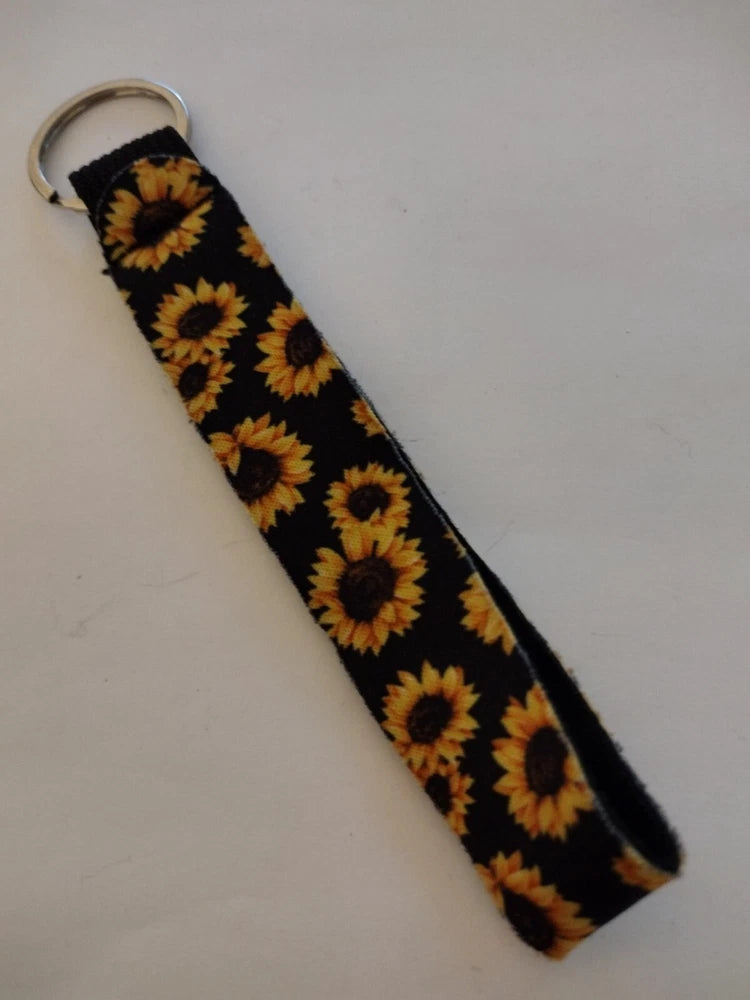 Sunflower print fabric keyring strap with metal ring, black with yellow flowers