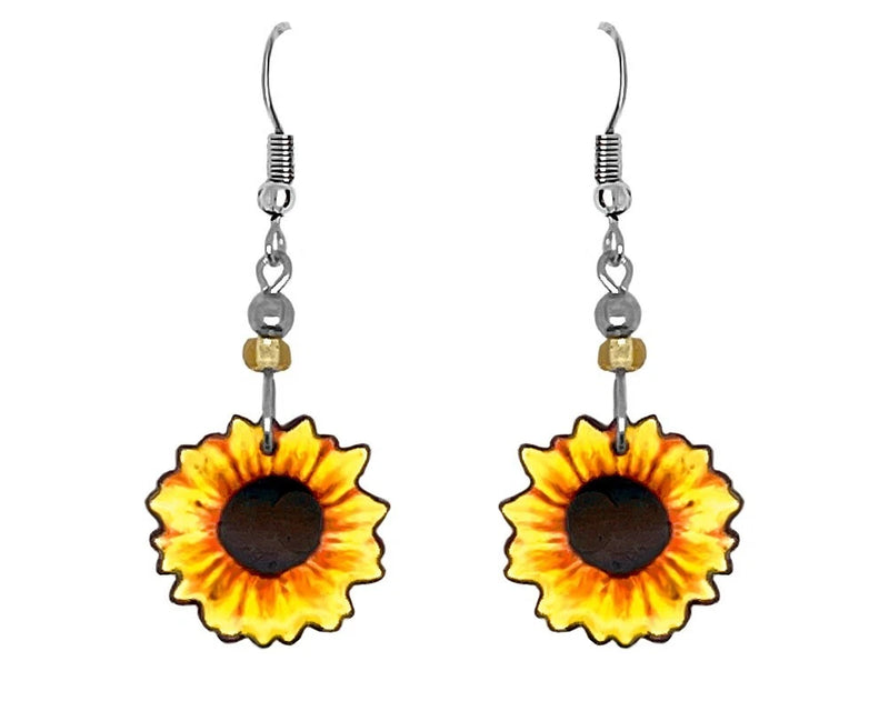 Sunflower dangle earrings with yellow flower charms and silver hooks