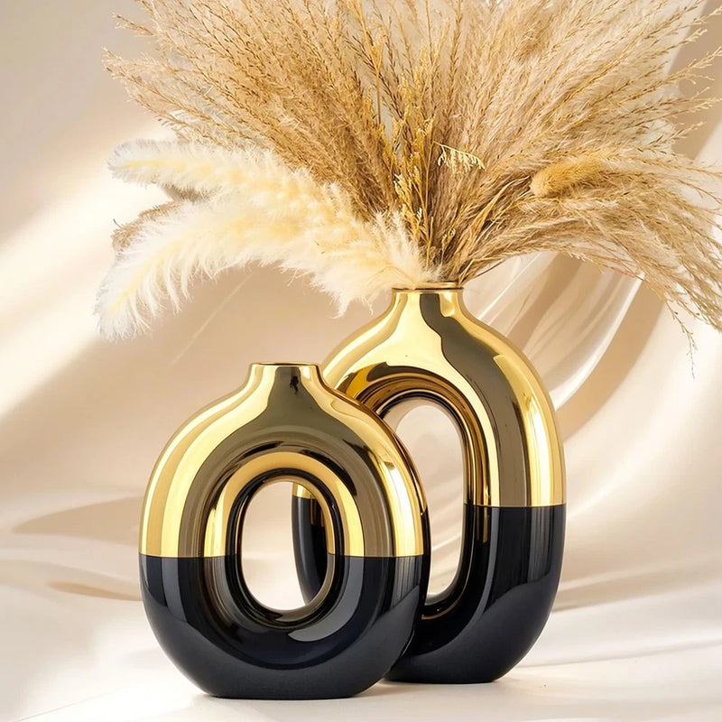 Black and Gold Ceramic Vase Set Home Decor,Round Donut Vase for Pampas Grass ... Pampas Grass