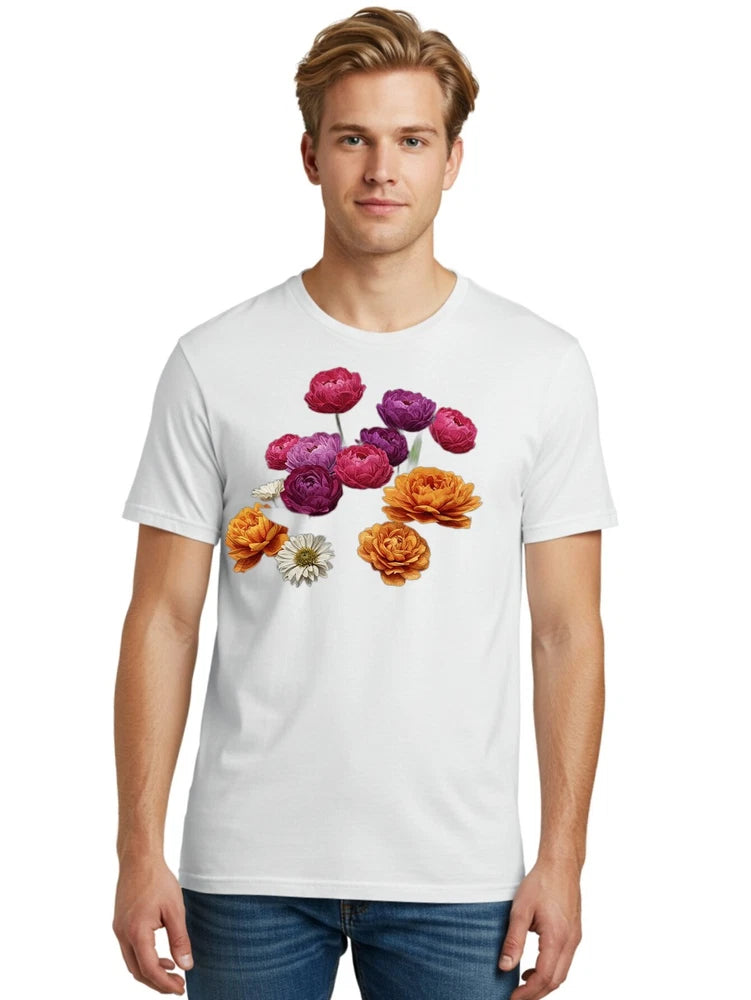 Ranunculus-Flowers Mens Graphic Tee, 100% Cotton, Casual Summer Wear Ranunculus