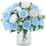 MARTINE MALL 2 Packs Peonies Artificial Flowers, Mixed 2PCS, White Blue Peony