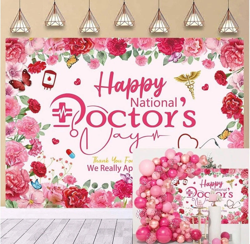 Happy Doctors Day Backdrop Decorations Pink Carnation Flowers 4x6 Ft Carnation