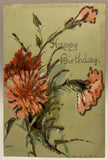 Happy Birthday, Pink Flowers, Carnations, Vintage Glitter Postcard Carnation