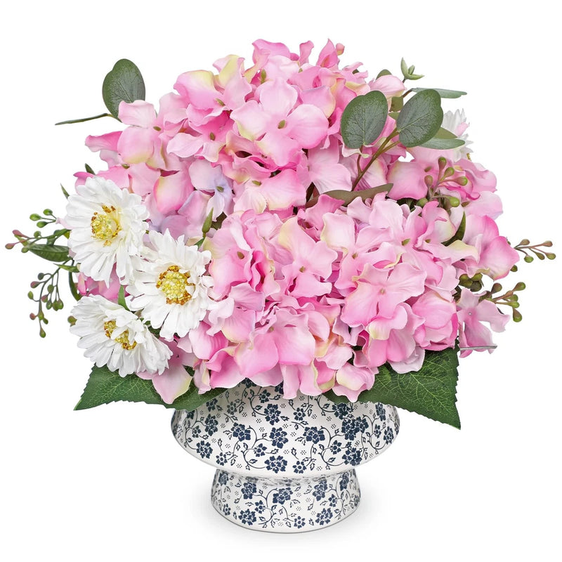 Artificial Pink Hydrangea Arrangement in Blue & White Vase Ð 12.5Ó Faux Hydra... Hydrangea