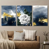 3pcs Golden Blue And White Peony Flower Wall Art Canvas Unframed/Framed Peony