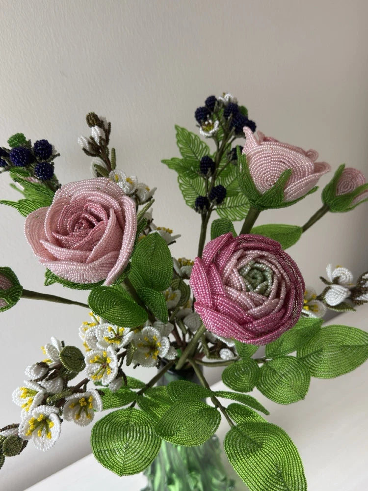 French beaded Flower Bouquet Ranunculus Roses Spring Branches Berries 14 Branch Ranunculus