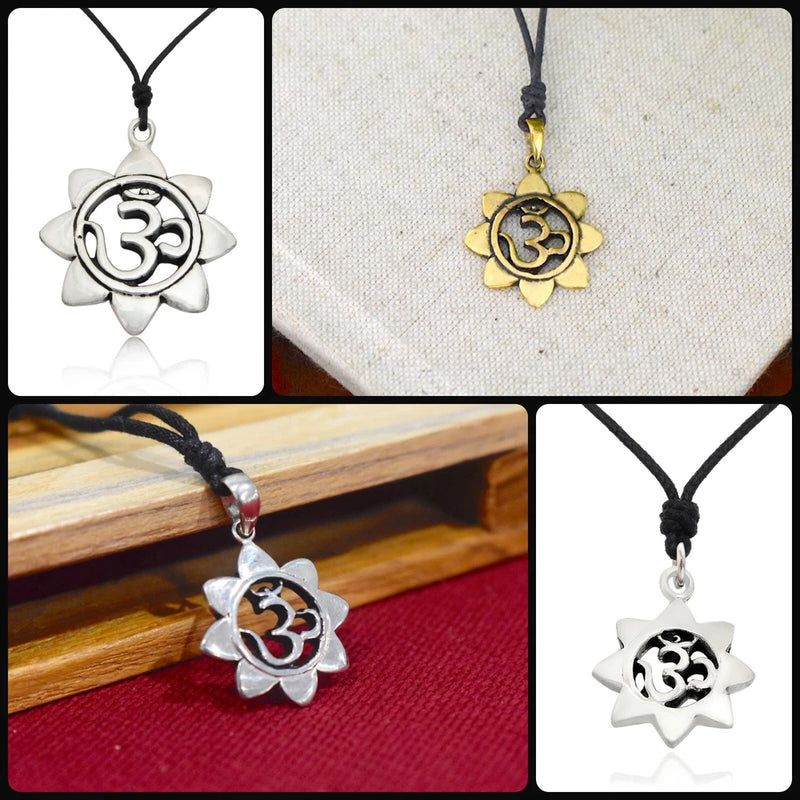 Silver-tone lotus pendant with Om symbol on black cord necklace