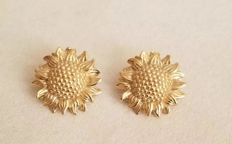 Sunflower post stud earrings, 15mm, yellow gold-plated flower discs, textured petals