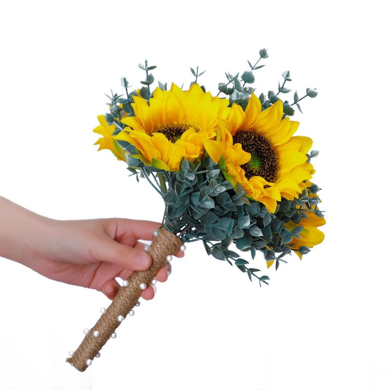 Sunflower bridesmaid bouquet with yellow blooms, burlap handle, and pearl accents