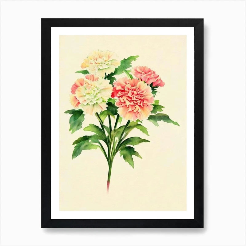 Framed carnation flower wall art print with pastel pink and cream blooms on cream background