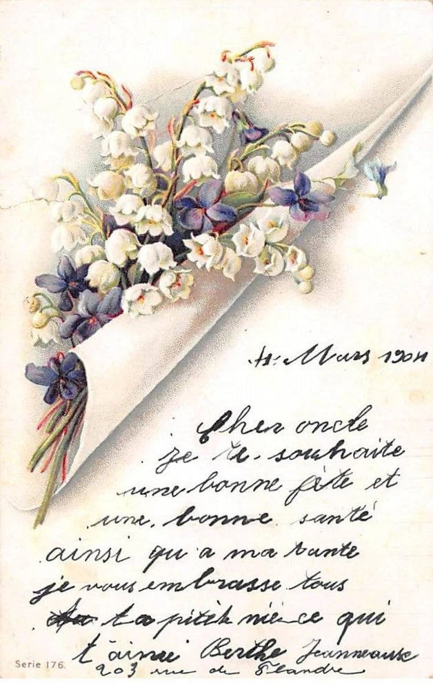 Flowers - No. 85689 - Sprigs Of Lily Of The Valley And Violets - Embossed Card Lily