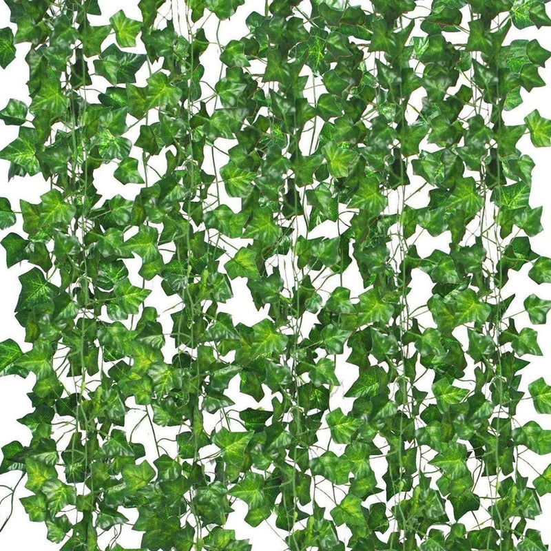 Artificial ivy garland with densely packed green leaf vines, hanging strands.