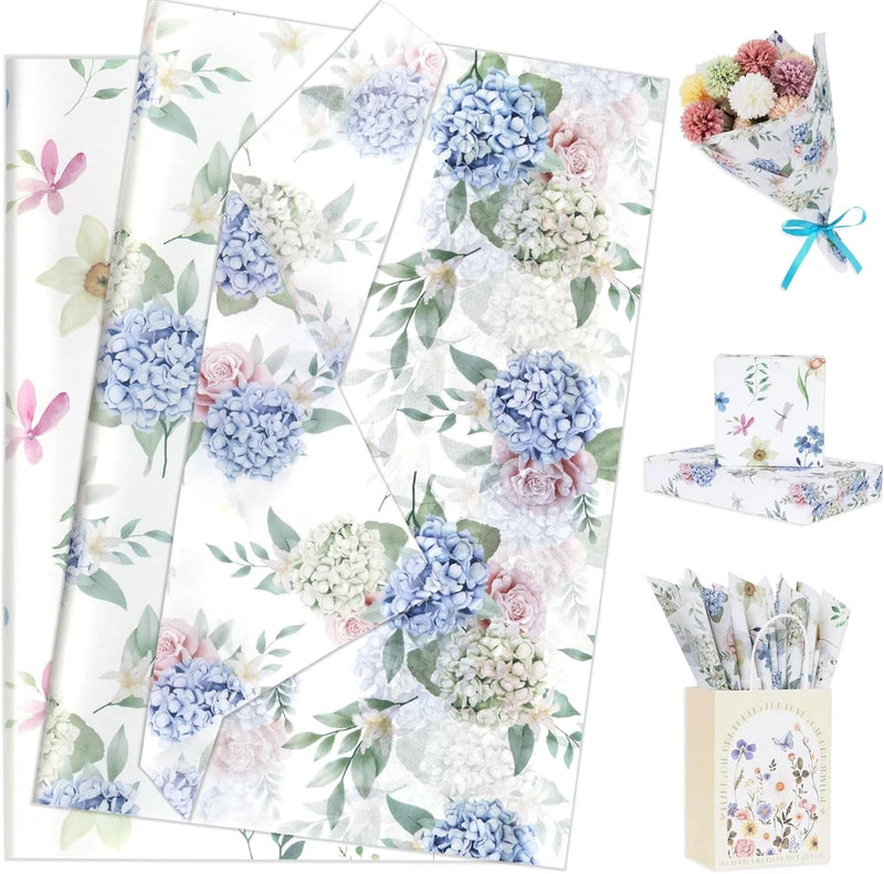 60 Pcs Floral Tissue Paper, Elegant Blue Hydrangea & Mixed Flower Tissue Paper f Hydrangea