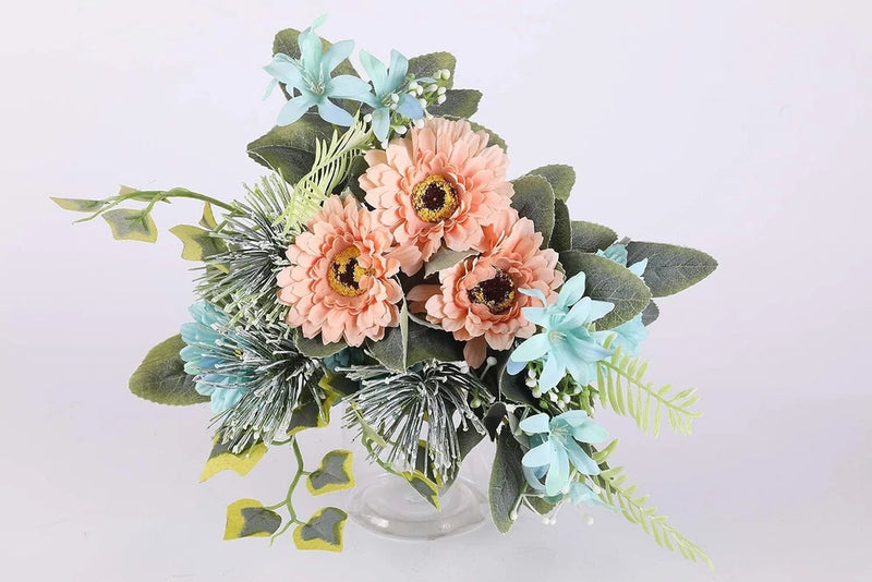 Silk sunflower floral fabric featuring pastel peach flowers, blue leaves, and sunflower accents